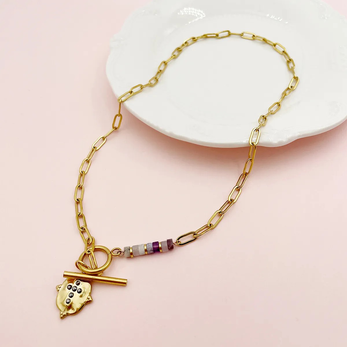 Casual Commute Shield Stainless Steel Toggle Plating Inlay Natural Stone Zircon Gold Plated Pendant Necklace_colorza_1