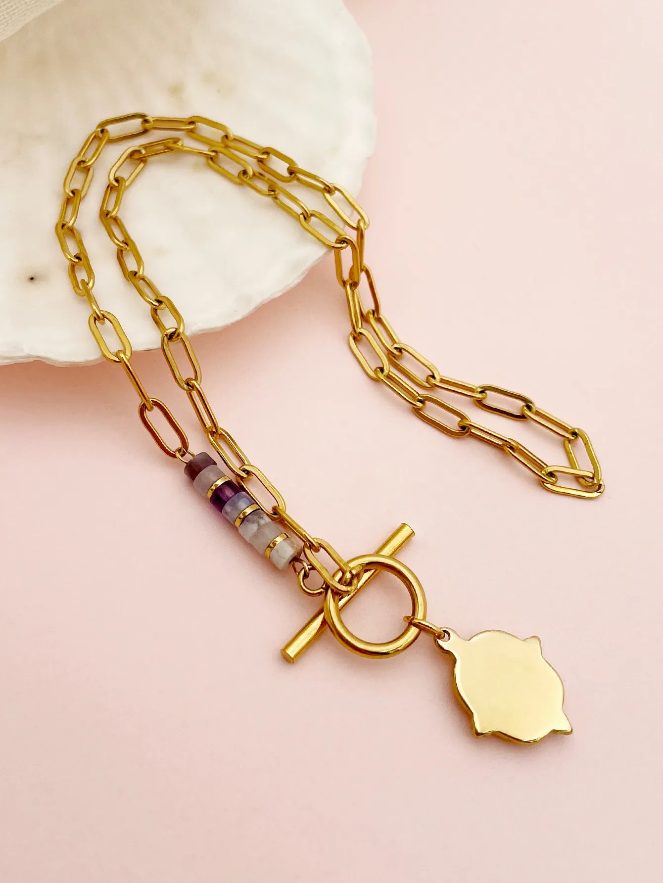Casual Commute Shield Stainless Steel Toggle Plating Inlay Natural Stone Zircon Gold Plated Pendant Necklace_colorza_2