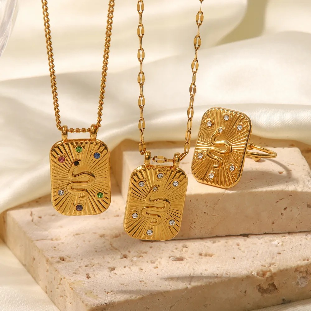 Casual Retro Commute Snake Stainless Steel Plating Inlay Zircon 18K Gold Plated Pendant Necklace_colorza_2