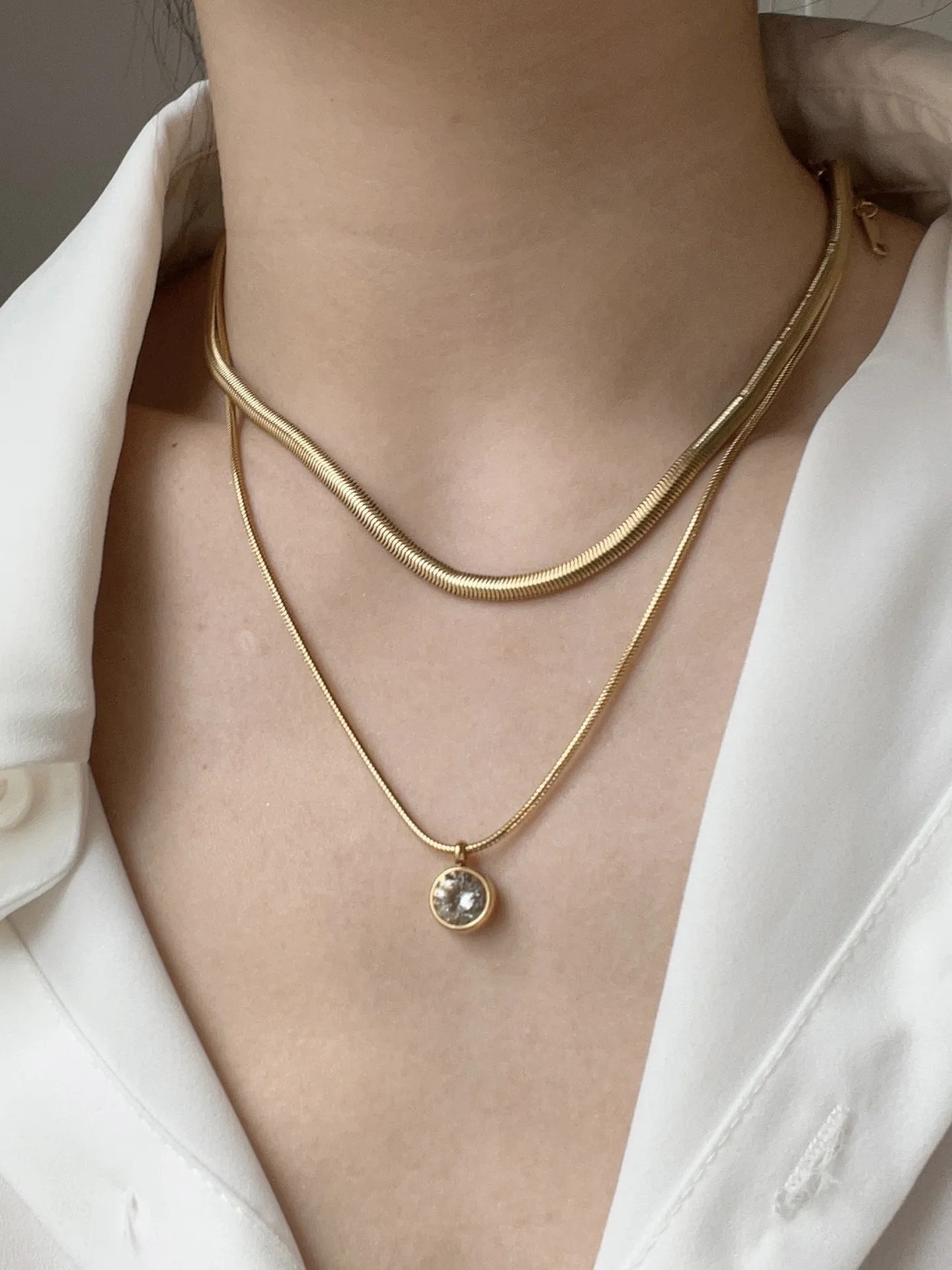 Vintage Style Vacation Solid Color Stainless Steel Layered Plating Inlay Zircon 18K Gold Plated Layered Necklaces_colorza_2