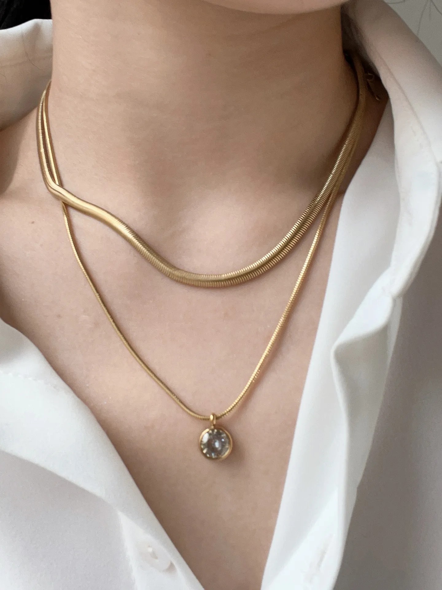 Vintage Style Vacation Solid Color Stainless Steel Layered Plating Inlay Zircon 18K Gold Plated Layered Necklaces_colorza_3