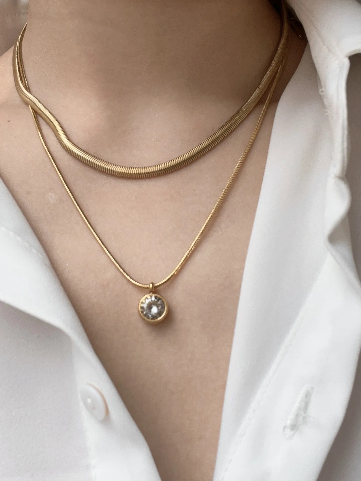 Vintage Style Vacation Solid Color Stainless Steel Layered Plating Inlay Zircon 18K Gold Plated Layered Necklaces_colorza_4