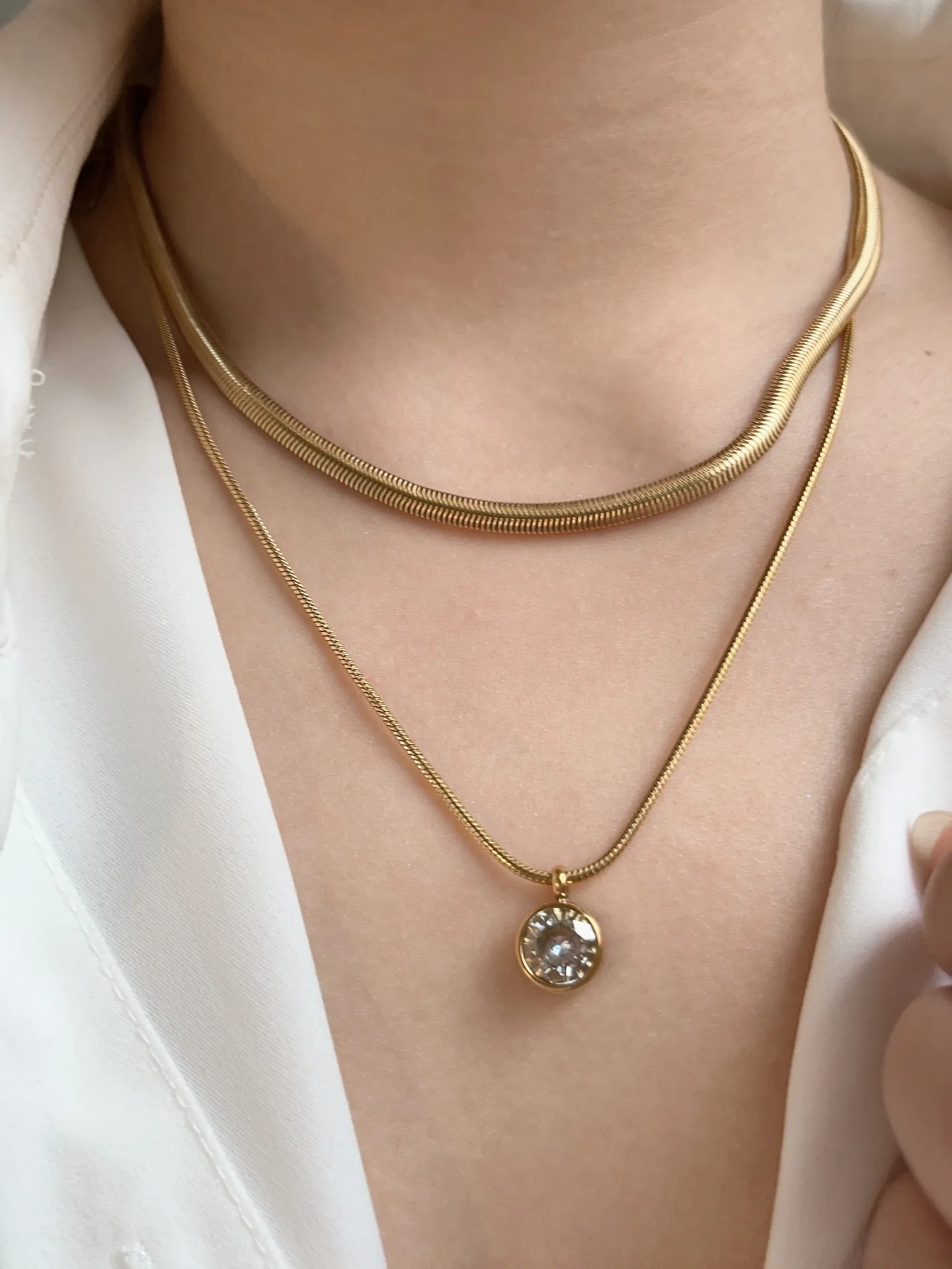 Vintage Style Vacation Solid Color Stainless Steel Layered Plating Inlay Zircon 18K Gold Plated Layered Necklaces_colorza_5
