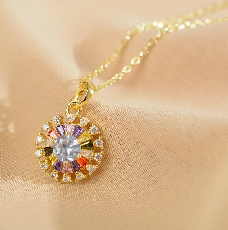 Cute Round Stainless Steel Copper Plating Inlay Zircon Gold Plated Pendant Necklace_colorza_1
