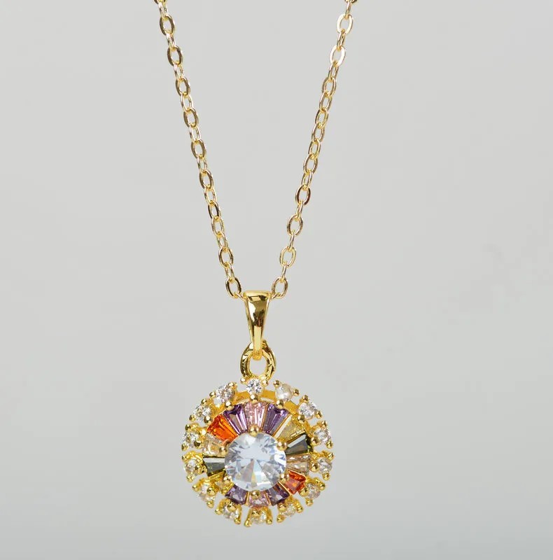 Cute Round Stainless Steel Copper Plating Inlay Zircon Gold Plated Pendant Necklace_colorza_2