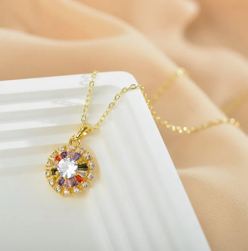 Cute Round Stainless Steel Copper Plating Inlay Zircon Gold Plated Pendant Necklace_colorza_3