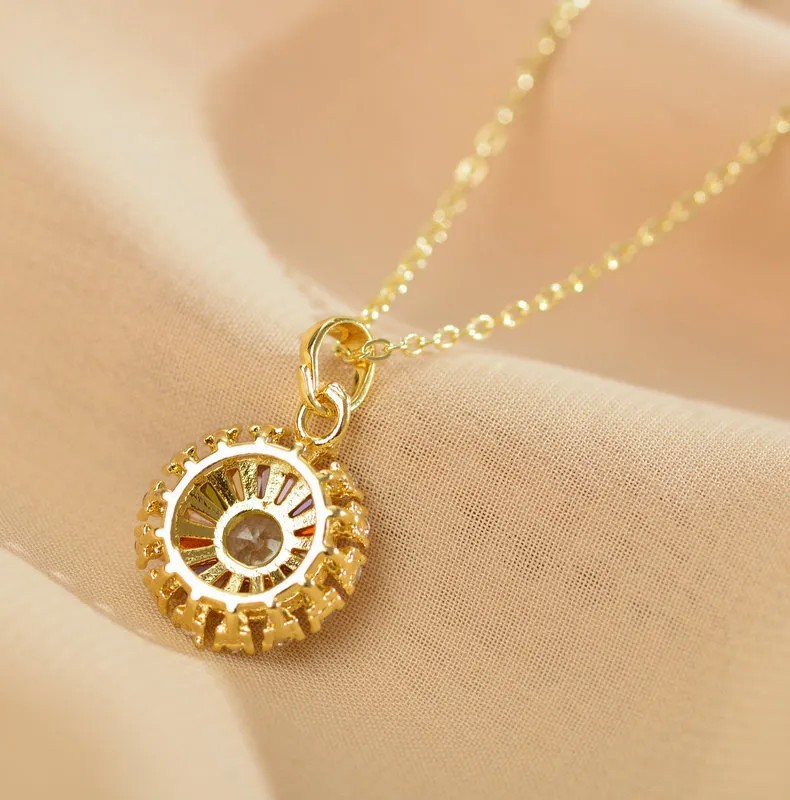 Cute Round Stainless Steel Copper Plating Inlay Zircon Gold Plated Pendant Necklace_colorza_4