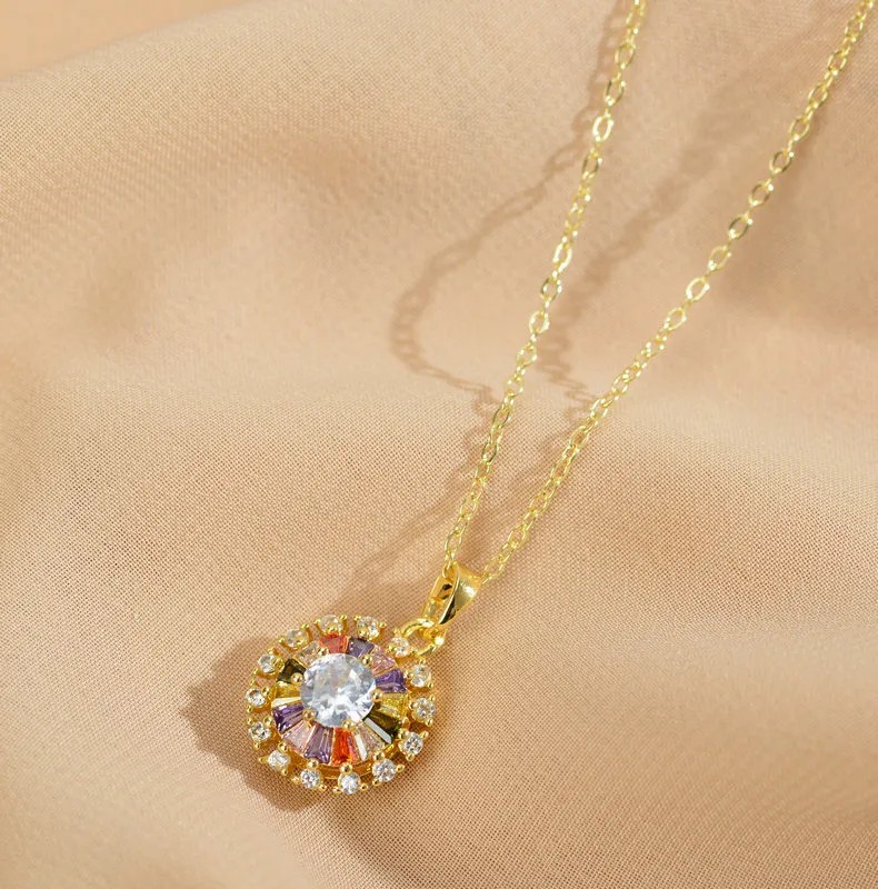 Cute Round Stainless Steel Copper Plating Inlay Zircon Gold Plated Pendant Necklace_colorza_5