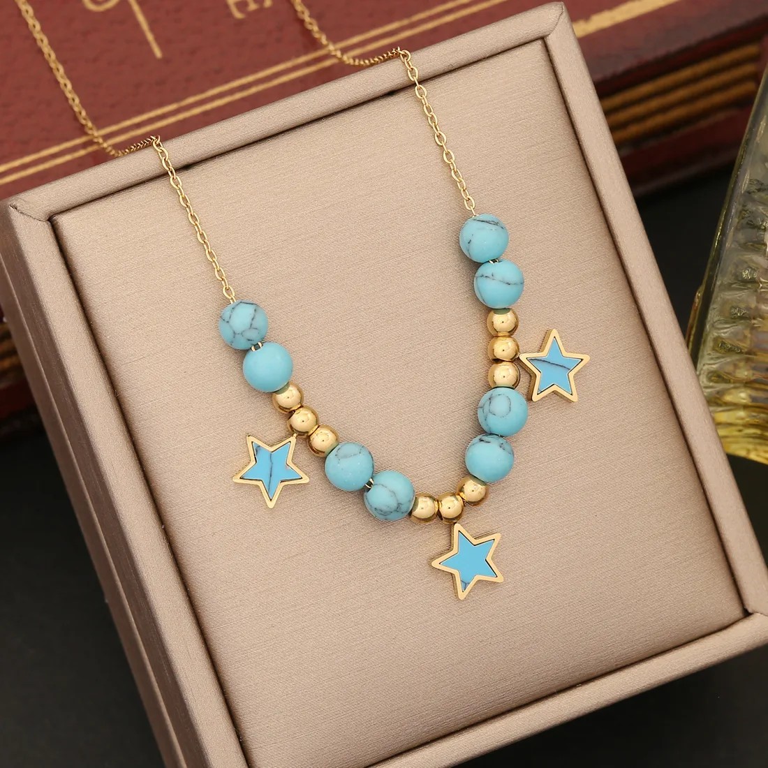 Bohemian Commute Star Heart Shape Stainless Steel Turquoise Beaded Pendant Necklace_colorza_2