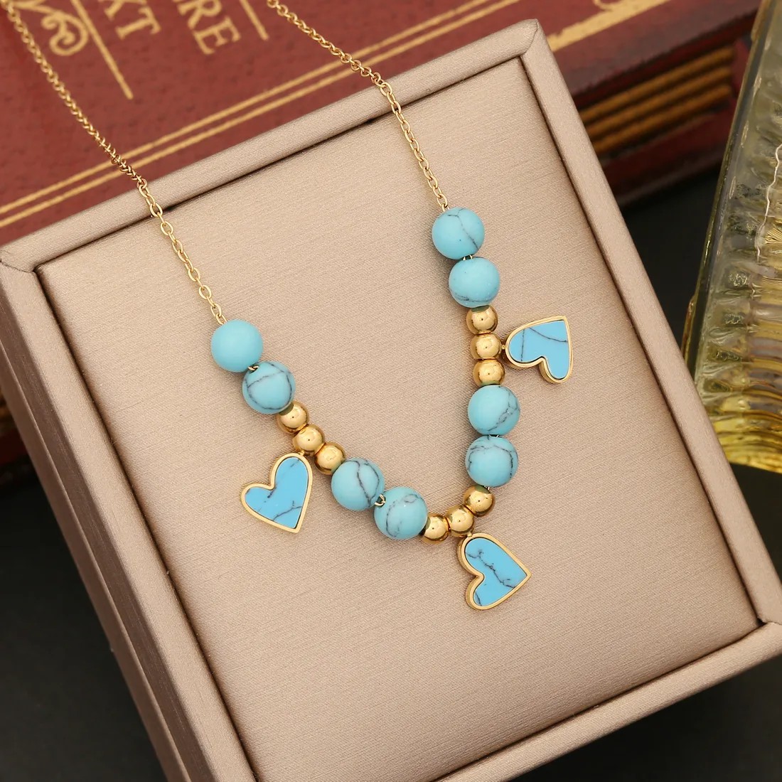 Bohemian Commute Star Heart Shape Stainless Steel Turquoise Beaded Pendant Necklace_colorza_3