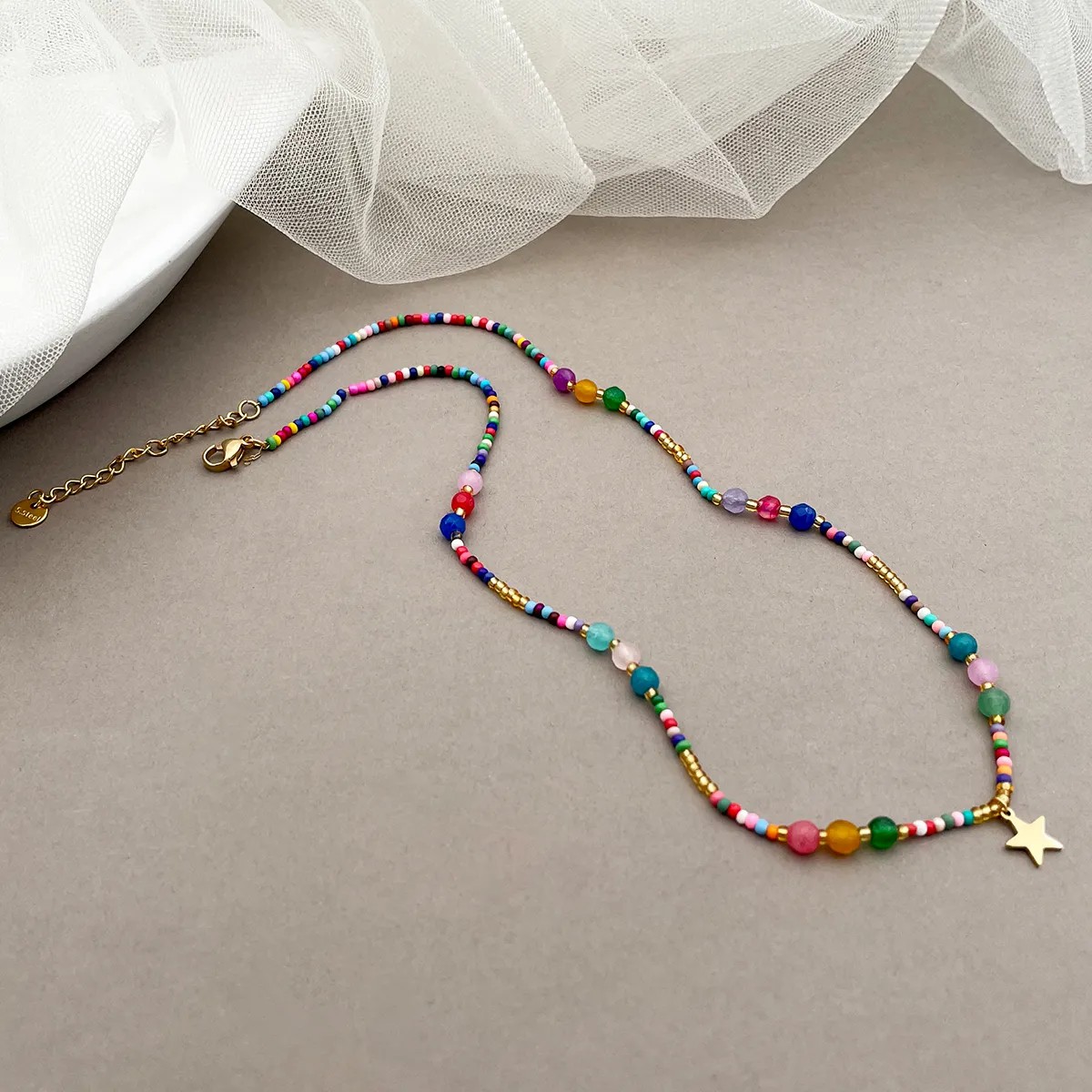Sweet Artistic Star Stainless Steel Artificial Crystal Beaded Plating Gold Plated Necklace_colorza_1