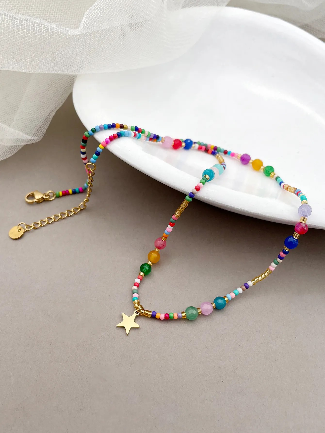 Sweet Artistic Star Stainless Steel Artificial Crystal Beaded Plating Gold Plated Necklace_colorza_2