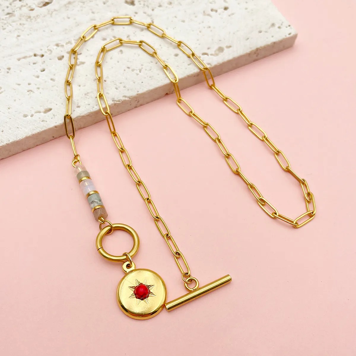 Simple Style Artistic Round Star Stainless Steel Polishing Plating Inlay Turquoise Gold Plated Pendant Necklace_colorza_1