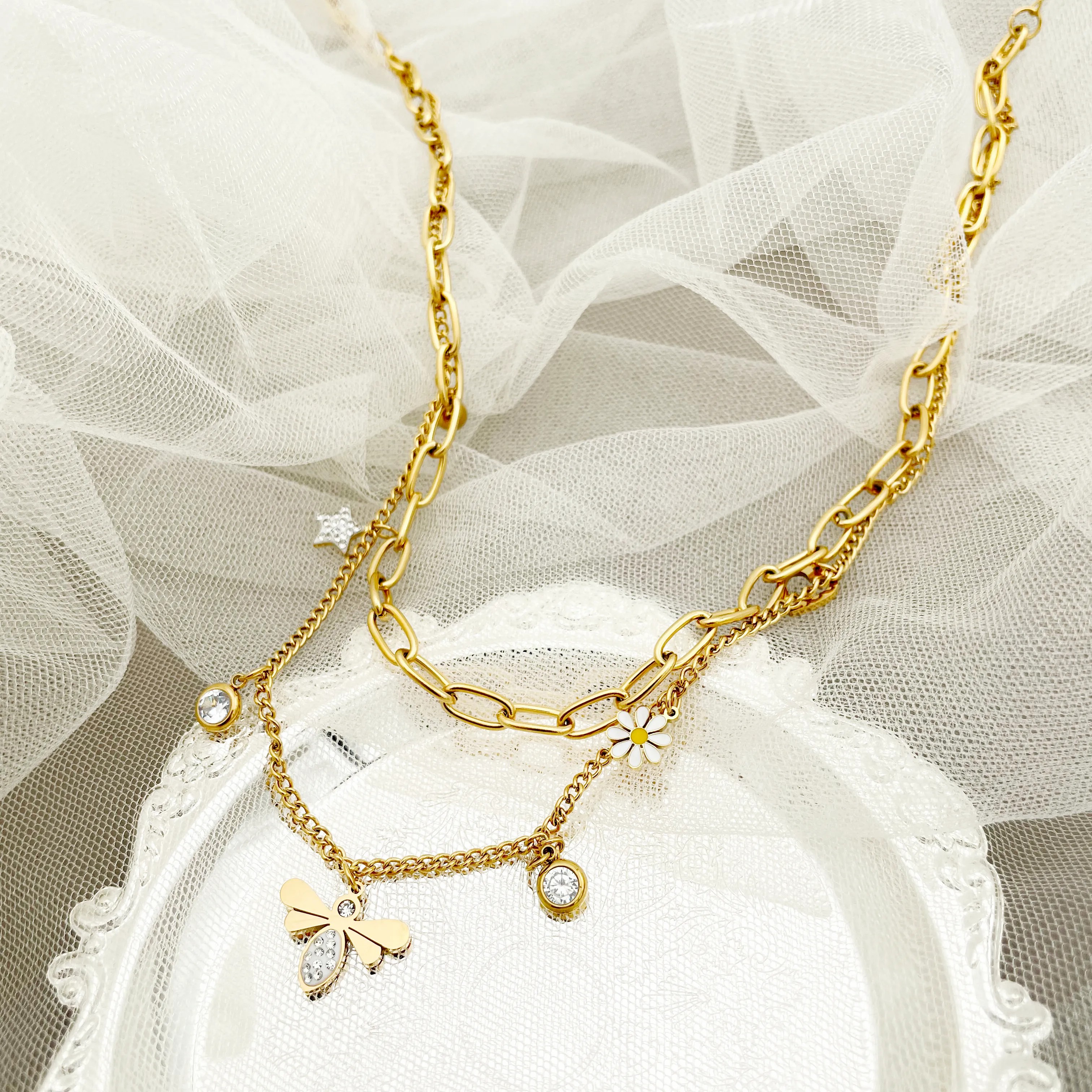 Simple Style Star Flower Bee Stainless Steel Enamel Plating Inlay Zircon Gold Plated Layered Necklaces_colorza_1