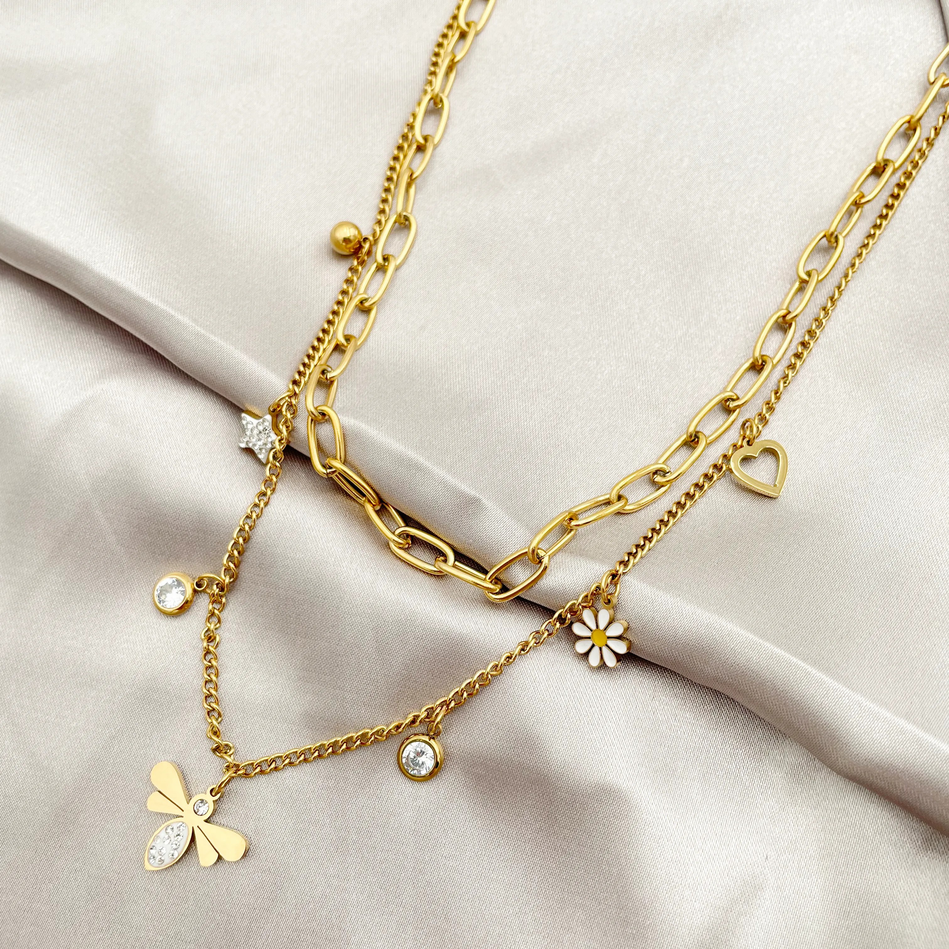 Simple Style Star Flower Bee Stainless Steel Enamel Plating Inlay Zircon Gold Plated Layered Necklaces_colorza_2
