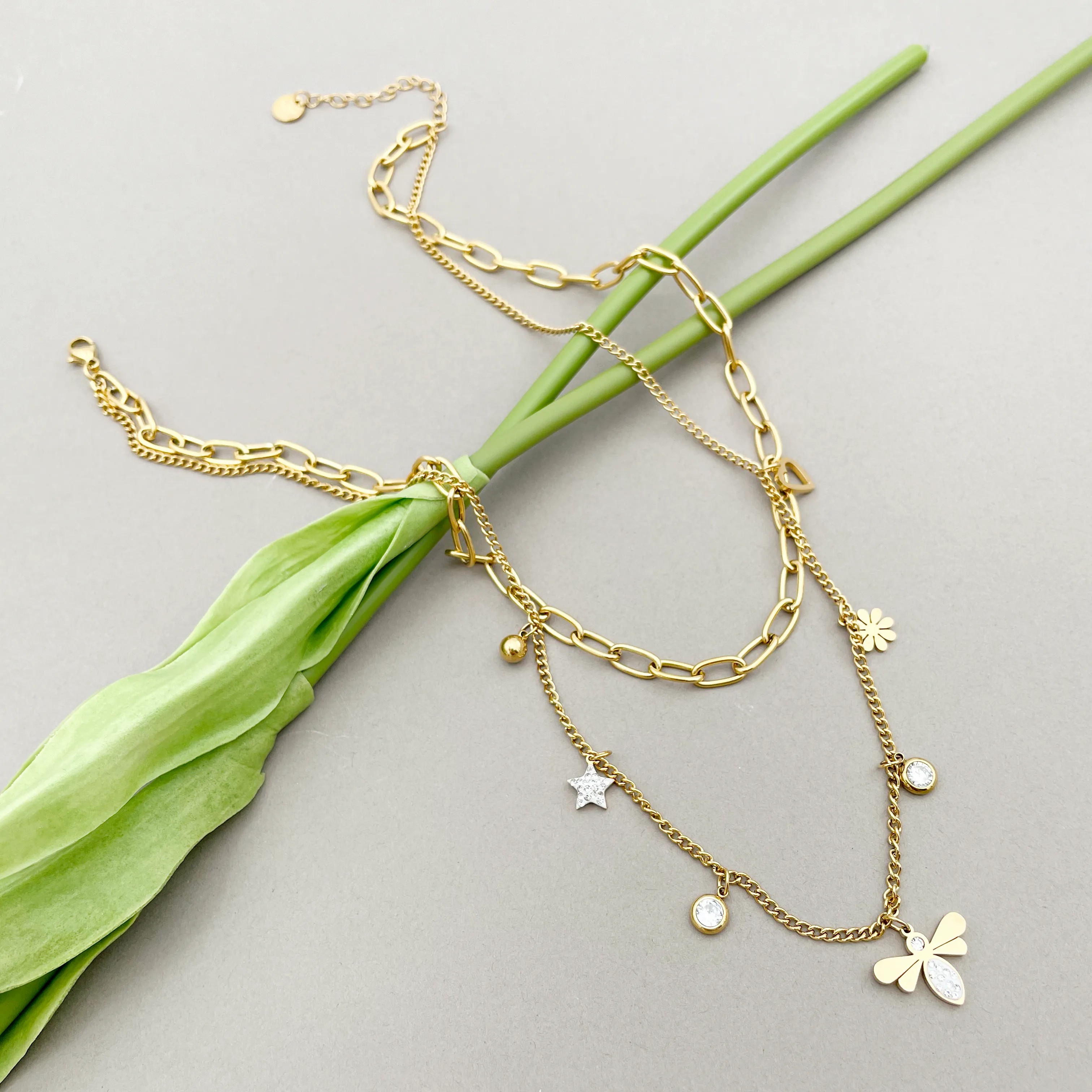 Simple Style Star Flower Bee Stainless Steel Enamel Plating Inlay Zircon Gold Plated Layered Necklaces_colorza_3