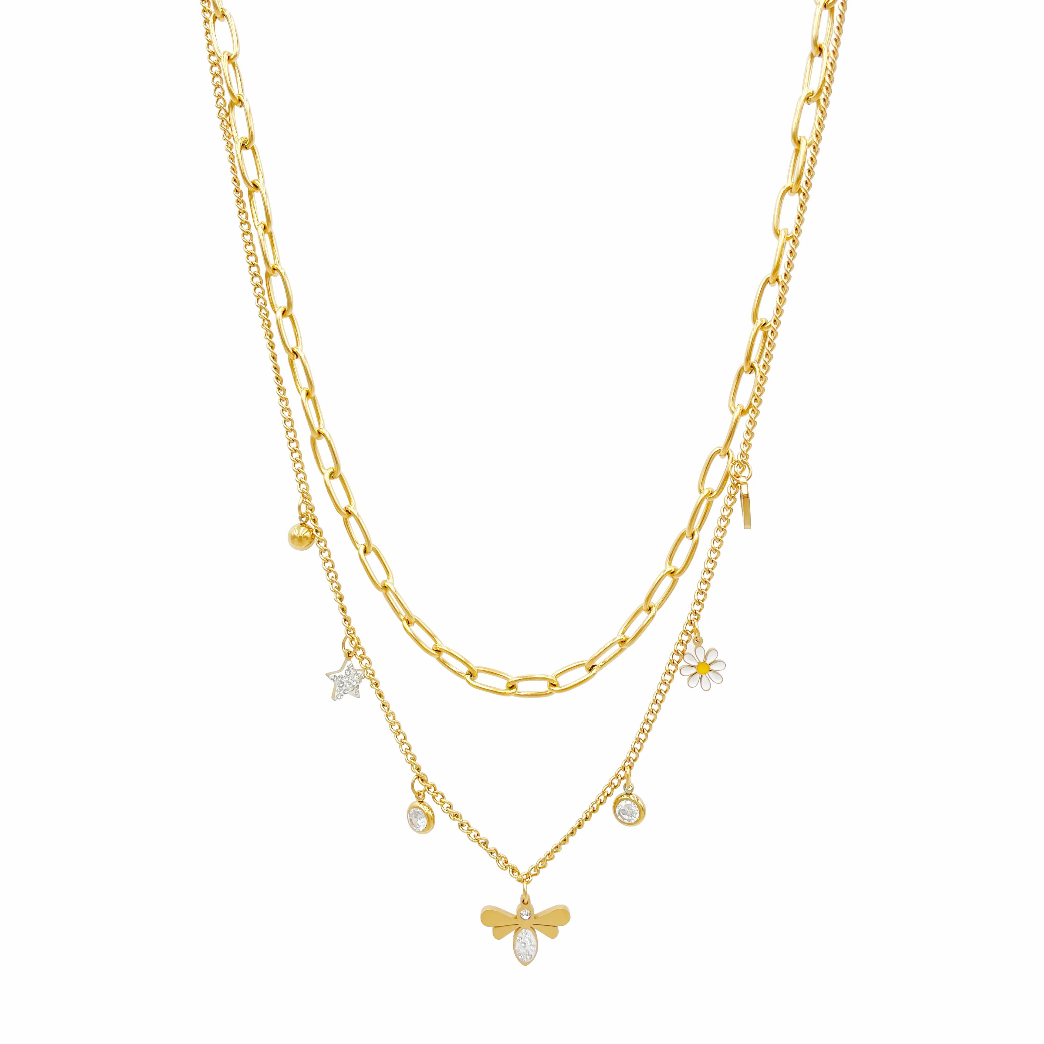 Simple Style Star Flower Bee Stainless Steel Enamel Plating Inlay Zircon Gold Plated Layered Necklaces_colorza_4
