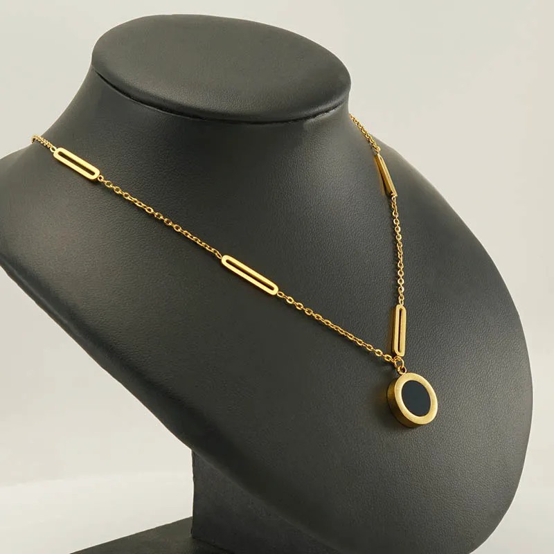 Elegant Round Letter Stainless Steel Plating Inlay Shell 18K Gold Plated Pendant Necklace_colorza_3