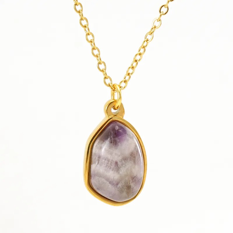 Elegant Oval Stainless Steel Plating Inlay Natural Stone 18K Gold Plated Pendant Necklace_colorza_3