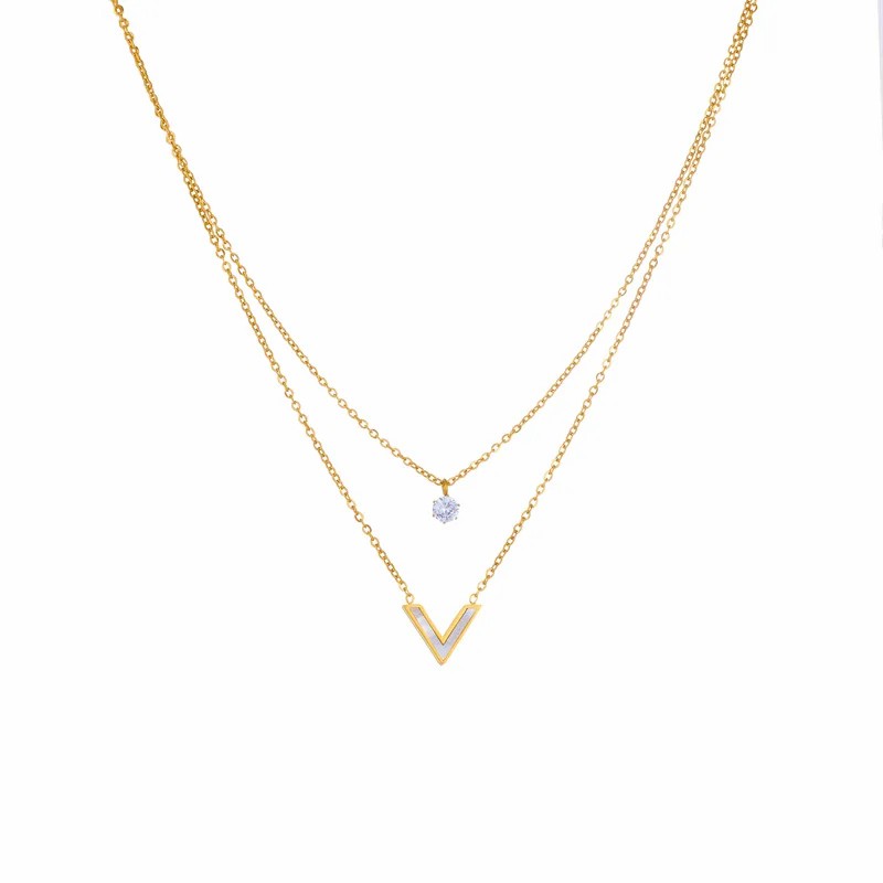 Simple Style V Shape Titanium Steel Inlay Shell Zircon 18K Gold Plated Layered Necklaces_colorza_1