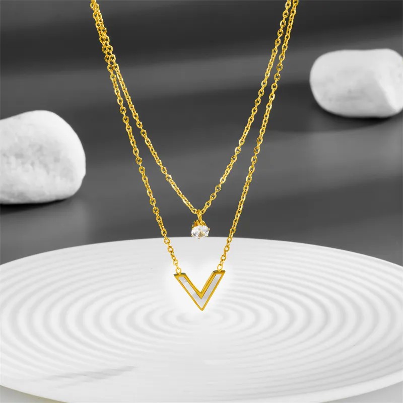 Simple Style V Shape Titanium Steel Inlay Shell Zircon 18K Gold Plated Layered Necklaces_colorza_3
