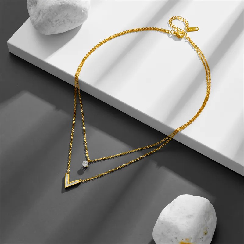 Simple Style V Shape Titanium Steel Inlay Shell Zircon 18K Gold Plated Layered Necklaces_colorza_4