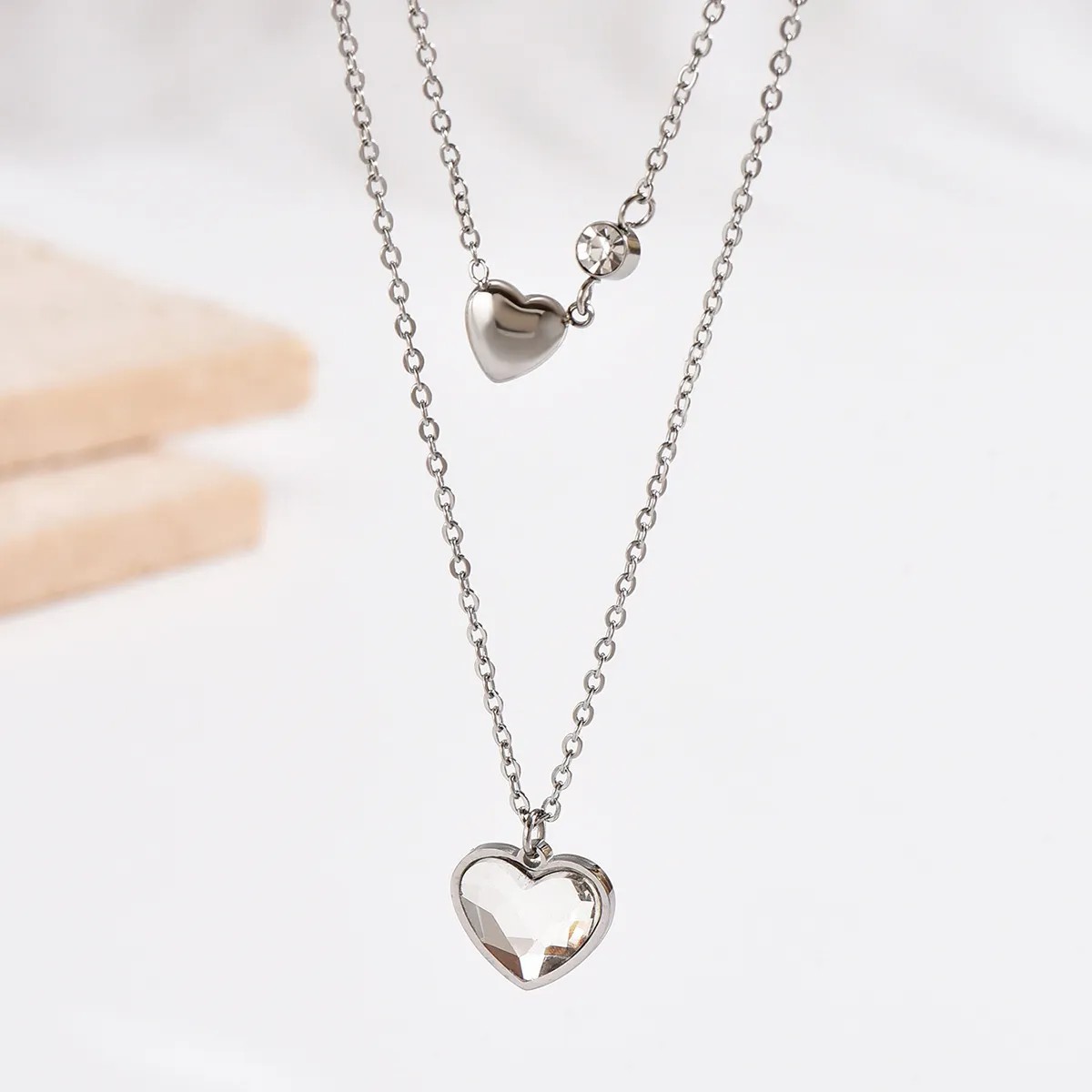 Sweet Heart Shape Stainless Steel Polishing Inlay Rhinestones Layered Necklaces_colorza_1