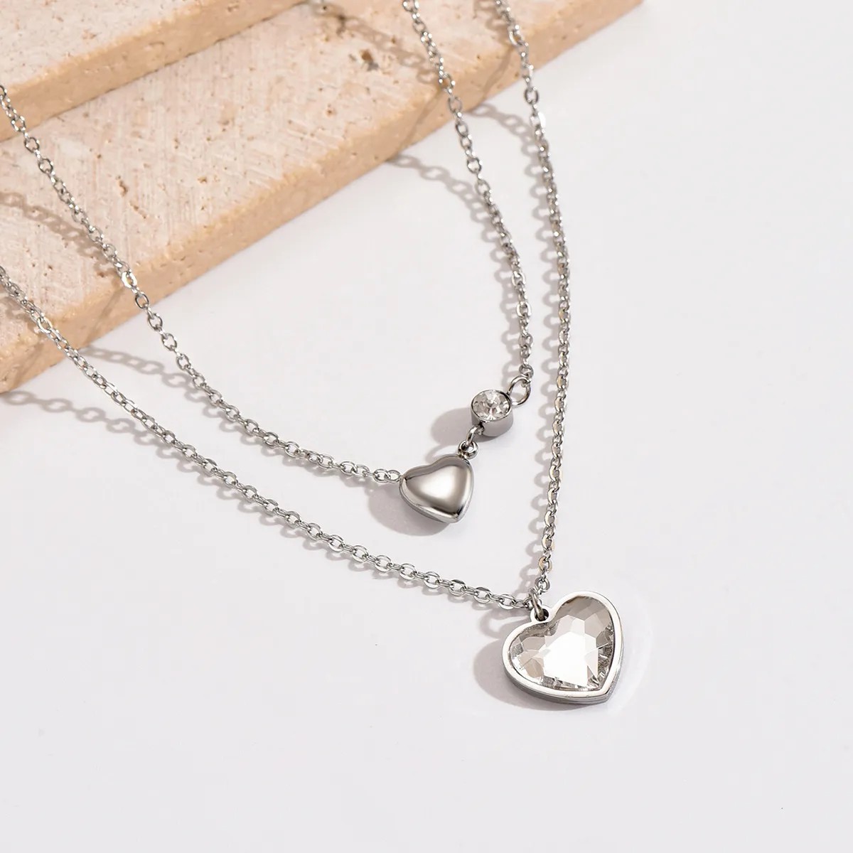 Sweet Heart Shape Stainless Steel Polishing Inlay Rhinestones Layered Necklaces_colorza_2