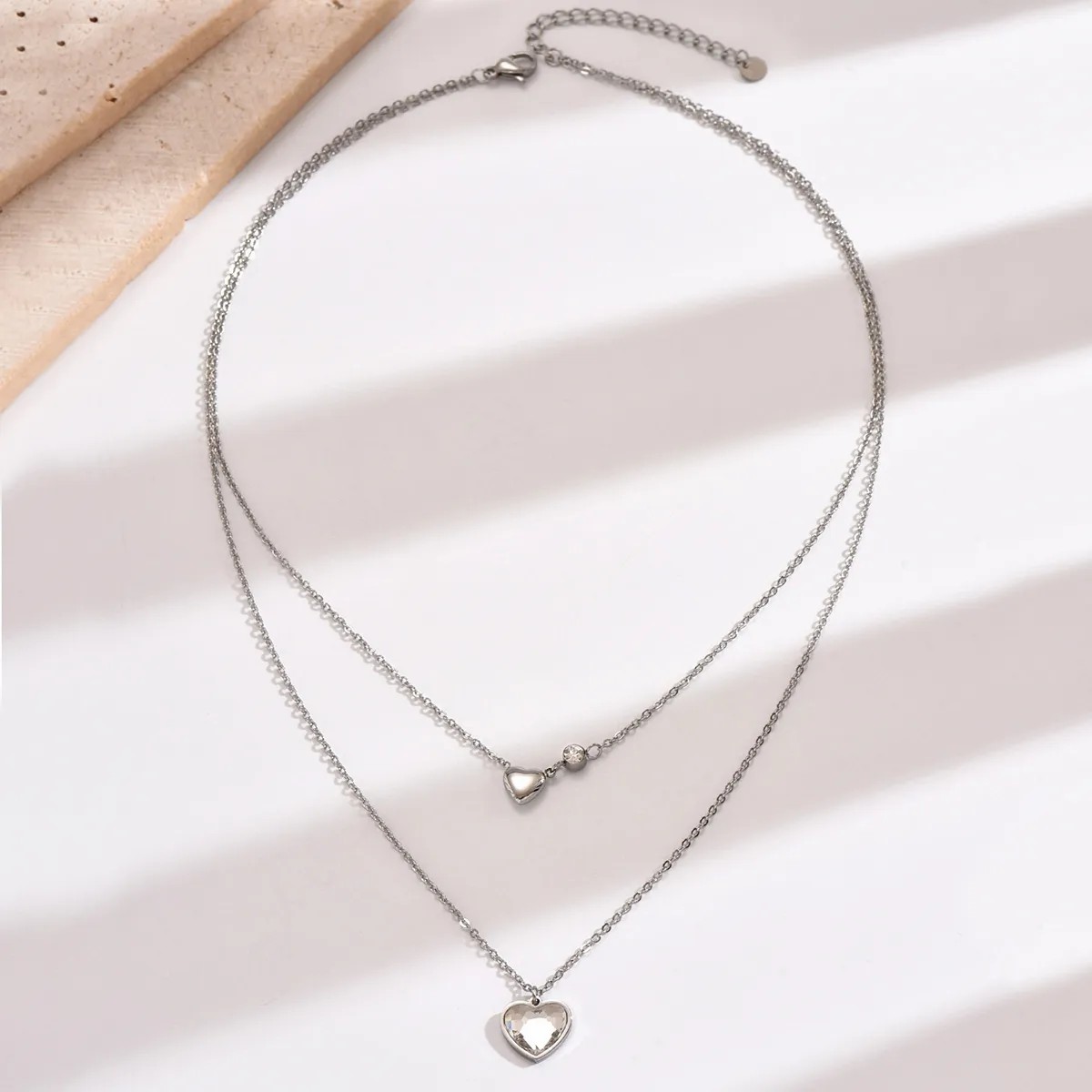 Sweet Heart Shape Stainless Steel Polishing Inlay Rhinestones Layered Necklaces_colorza_3