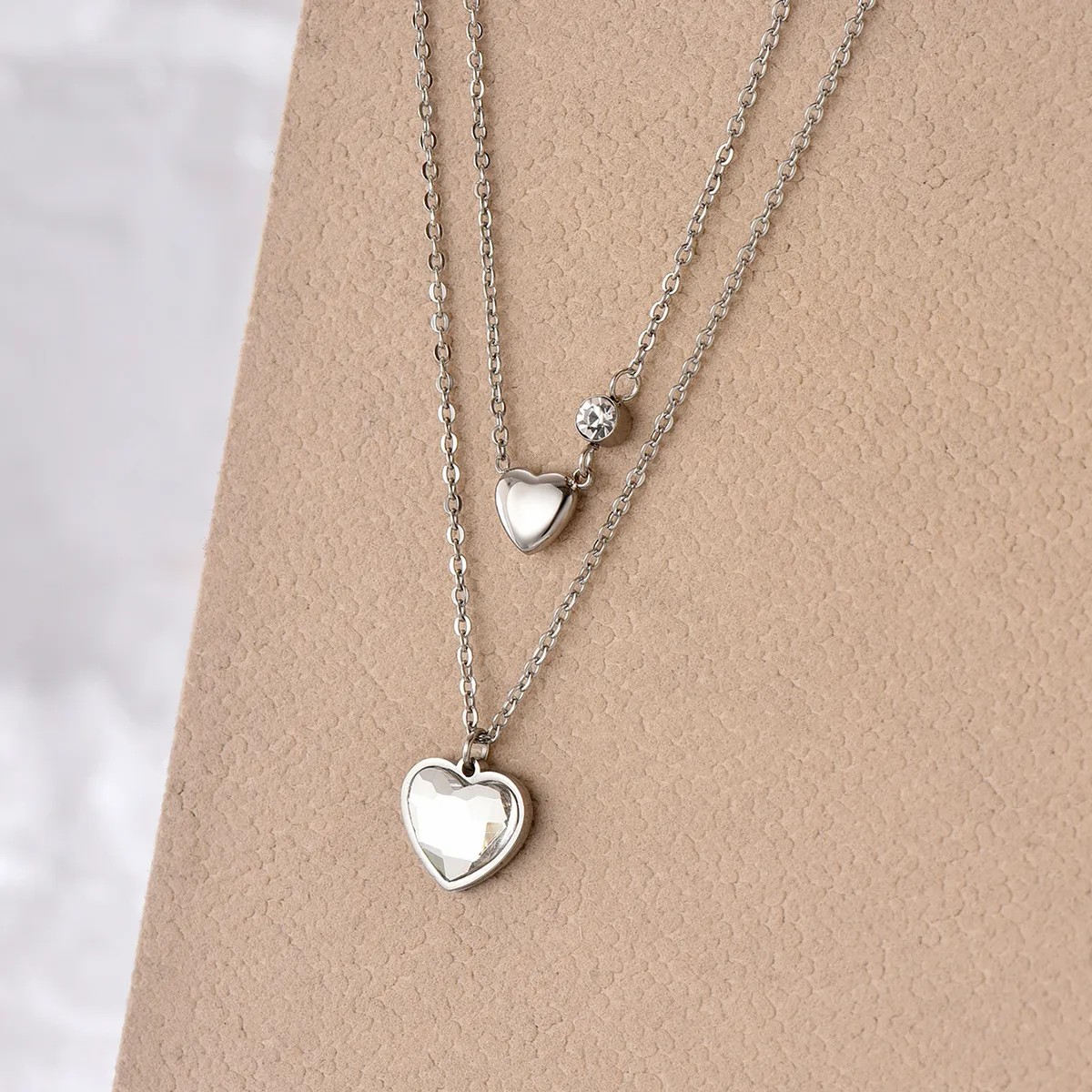 Sweet Heart Shape Stainless Steel Polishing Inlay Rhinestones Layered Necklaces_colorza_4