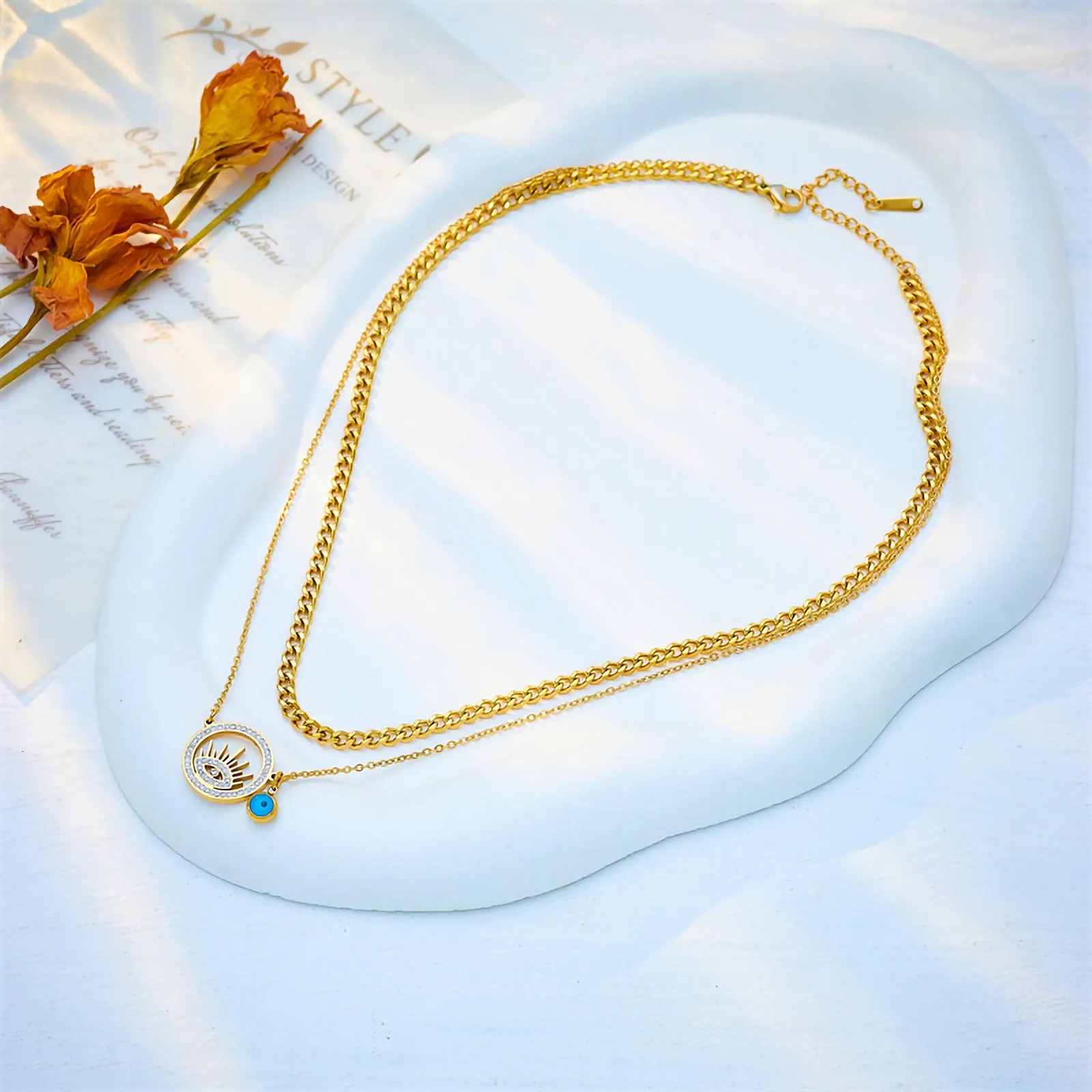Retro Devil'S Eye Titanium Steel Plating Inlay Zircon 18K Gold Plated Layered Necklaces_colorza_2