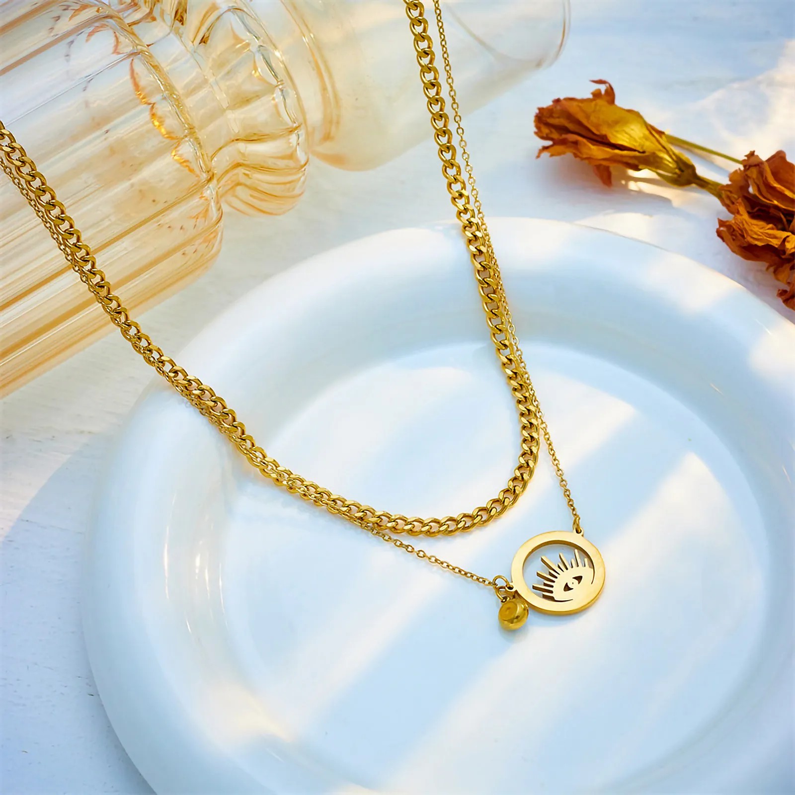 Retro Devil'S Eye Titanium Steel Plating Inlay Zircon 18K Gold Plated Layered Necklaces_colorza_4