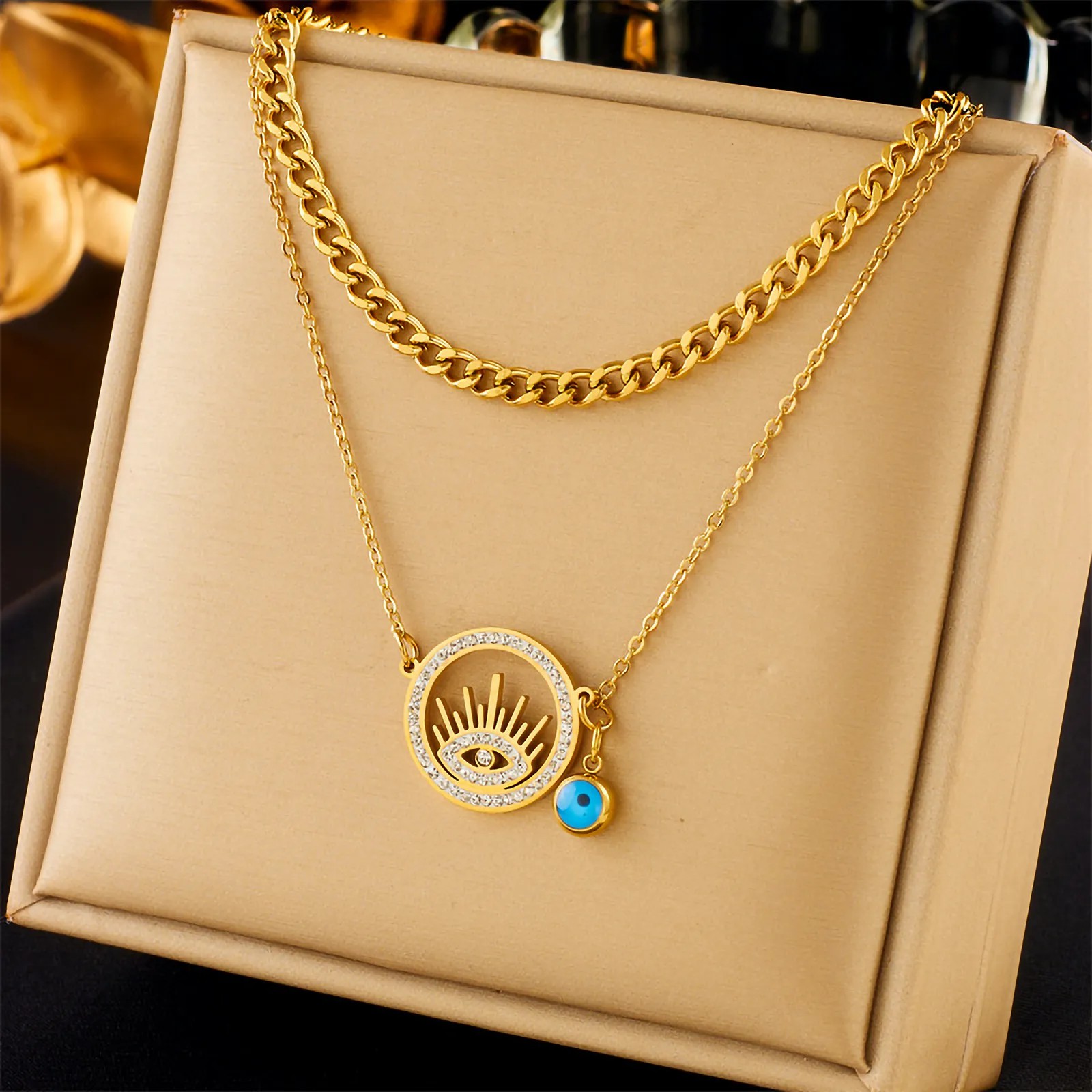 Retro Devil'S Eye Titanium Steel Plating Inlay Zircon 18K Gold Plated Layered Necklaces_colorza_5