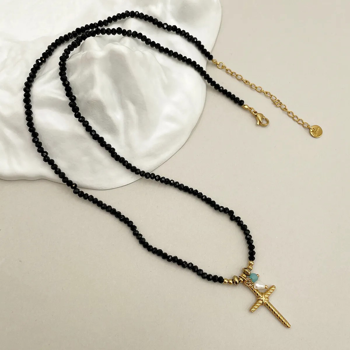 Casual Commute Cross Stainless Steel Crystal Beaded Polishing Plating Gold Plated Necklace_colorza_1
