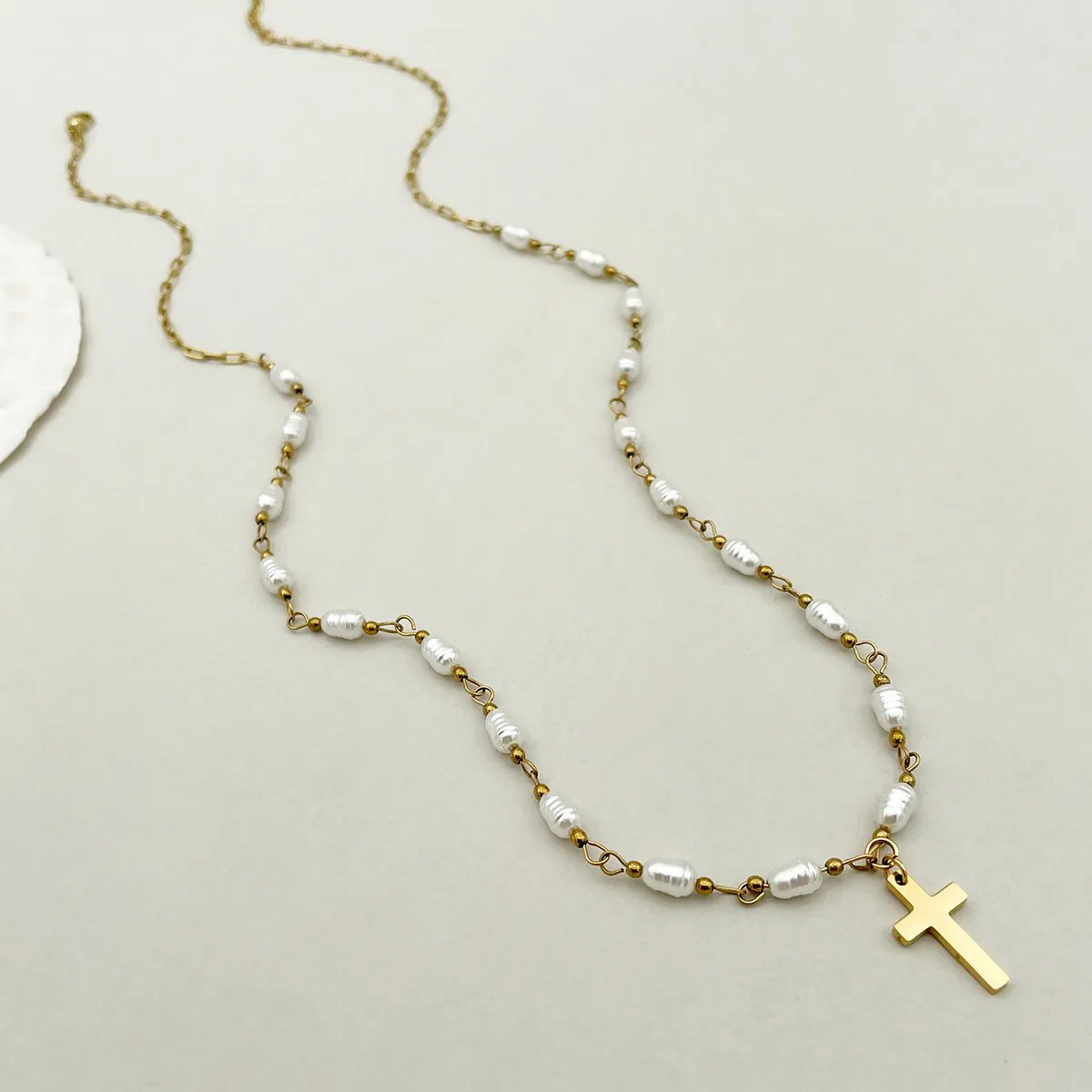 Elegant Simple Style Cross Stainless Steel Imitation Pearl Polishing Plating Gold Plated Pendant Necklace_colorza_1