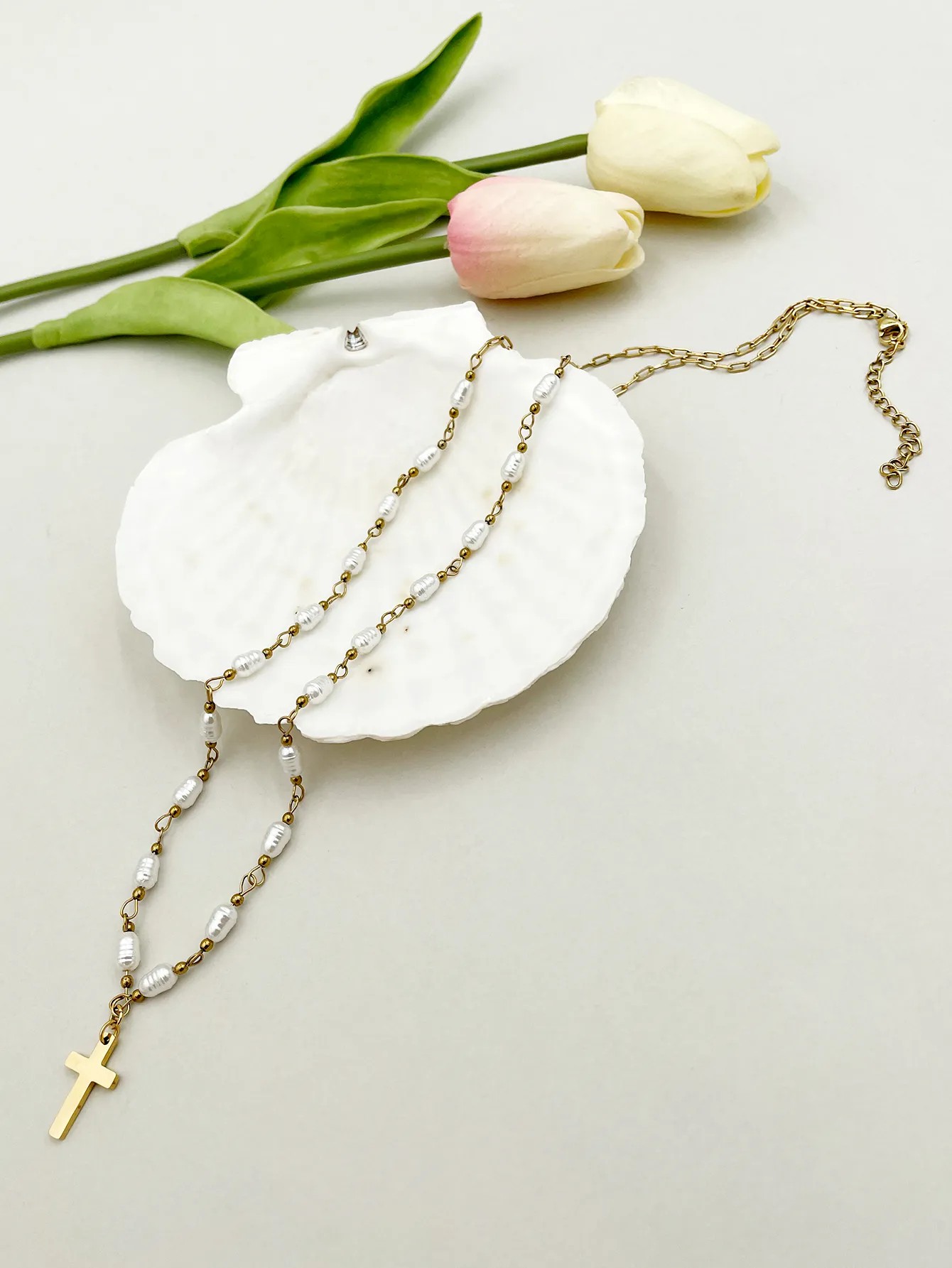 Elegant Simple Style Cross Stainless Steel Imitation Pearl Polishing Plating Gold Plated Pendant Necklace_colorza_2