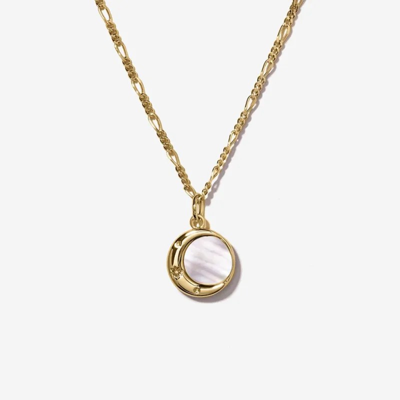 Simple Style Commute Round Moon Stainless Steel Plating Inlay Shell Zircon 14K Gold Plated Pendant Necklace_colorza_1