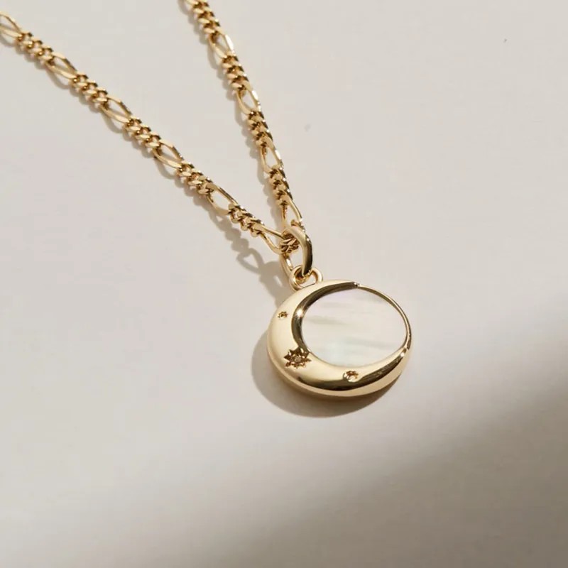 Simple Style Commute Round Moon Stainless Steel Plating Inlay Shell Zircon 14K Gold Plated Pendant Necklace_colorza_2