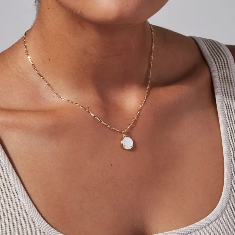 Simple Style Commute Round Moon Stainless Steel Plating Inlay Shell Zircon 14K Gold Plated Pendant Necklace_colorza_3