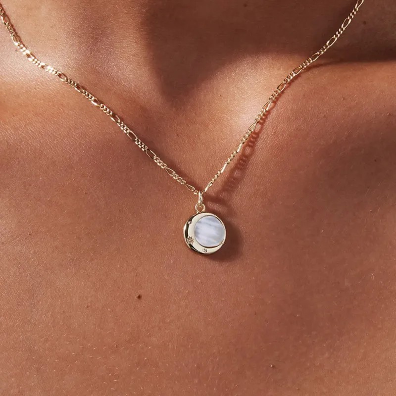 Simple Style Commute Round Moon Stainless Steel Plating Inlay Shell Zircon 14K Gold Plated Pendant Necklace_colorza_5