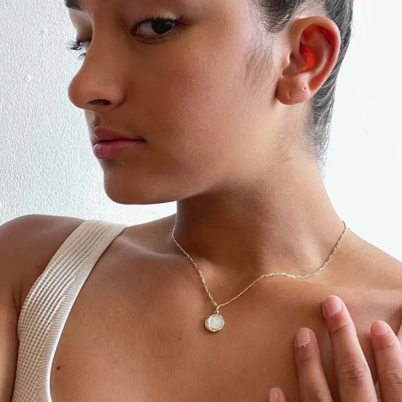 Simple Style Commute Round Moon Stainless Steel Plating Inlay Shell Zircon 14K Gold Plated Pendant Necklace_colorza_8