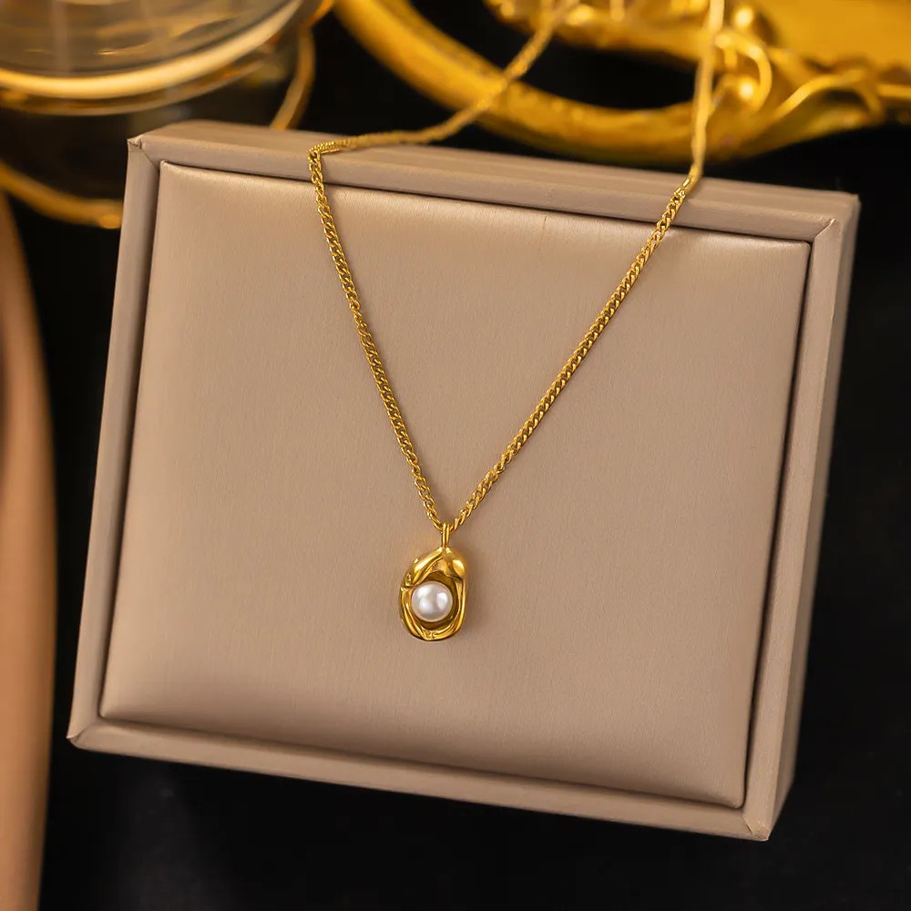 Simple Style Solid Color Titanium Steel Plating Inlay Pearl 18K Gold Plated Necklace Pendant_colorza_1