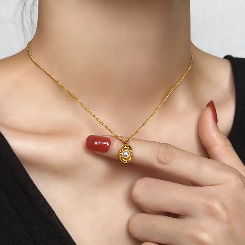 Simple Style Solid Color Titanium Steel Plating Inlay Pearl 18K Gold Plated Necklace Pendant_colorza_4