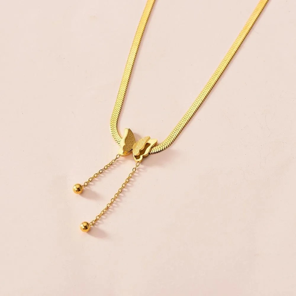 Vintage Style Sweet Butterfly Titanium Steel Plating Chain 18K Gold Plated Necklace Pendant_colorza_1