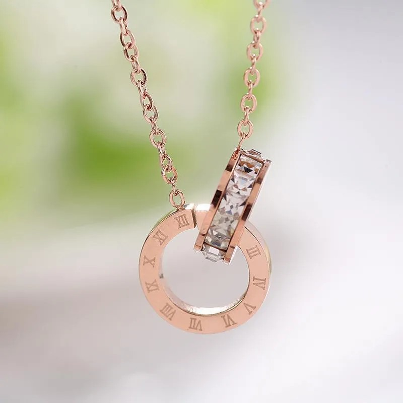 Korean Style Round Number Titanium Steel Plating Inlay Zircon 18K Gold Plated Pendant Necklace_colorza_1