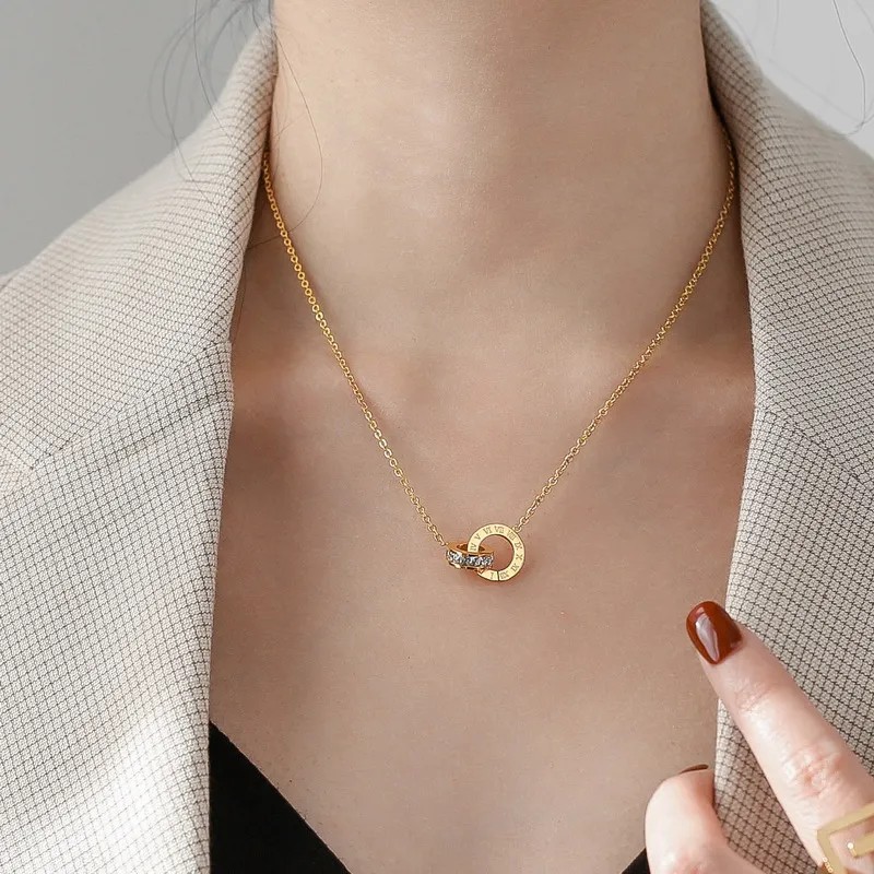 Korean Style Round Number Titanium Steel Plating Inlay Zircon 18K Gold Plated Pendant Necklace_colorza_3