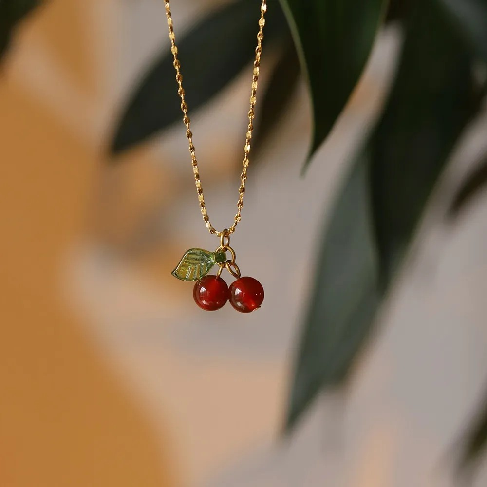 IG Style Sweet Cherry Titanium Steel Plating 18K Gold Plated Pendant Necklace_colorza_1