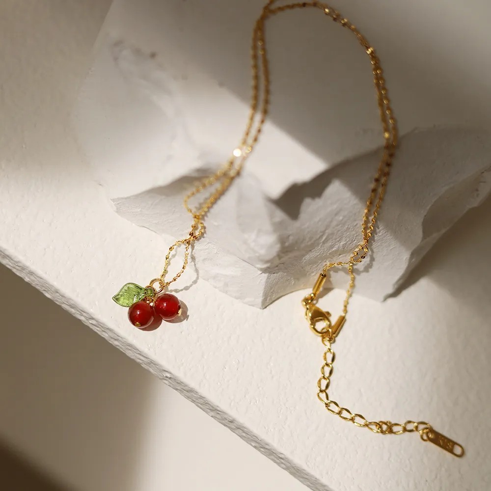 IG Style Sweet Cherry Titanium Steel Plating 18K Gold Plated Pendant Necklace_colorza_3