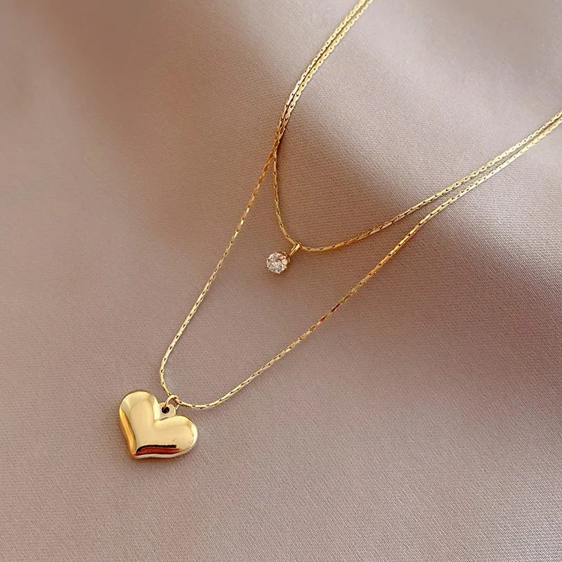 IG Style Heart Shape Titanium Steel Plating Inlay Zircon 18K Gold Plated Layered Necklaces_colorza_1