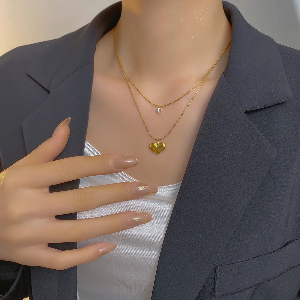 IG Style Heart Shape Titanium Steel Plating Inlay Zircon 18K Gold Plated Layered Necklaces_colorza_2